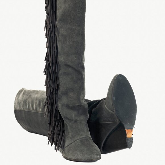 Isabel Marant Manly Anthracite Leather & Suede Fringe Knee-High Wedge Boots - Picture 4 of 9
